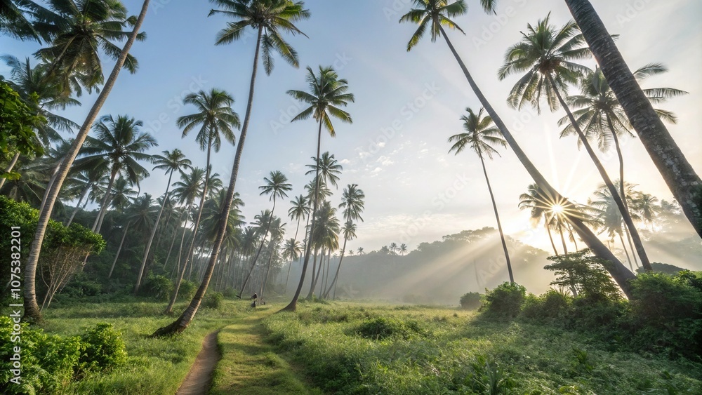 A panoramic view of a tropical landscape with towering palm trees stretching towards the sky and a few rays of sunlight filtering through the leaves, filtered light, tropical landscape, towering palms A panoramic view of a tropical landscape with towering palm trees stretching towards the sky and a few rays of sunlight filtering through the leaves, filtered light, tropical landscape, towering palms