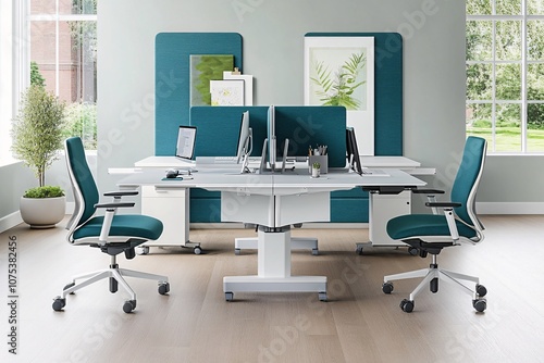 Modern Office Workspace with White Desks, Blue Chairs, and Green Plants