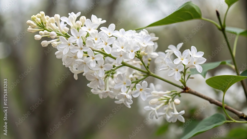 Close-up of white lilac blooms clustered at the end of a slender branch, twig details, intricate stems, stem isolation, bloom cluster Close-up of white lilac blooms clustered at the end of a slender branch, twig details, intricate stems, stem isolation, bloom cluster