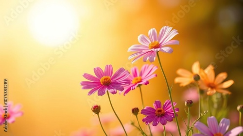 Cosmos flowers against a warm sunny background, cosmos flowers, garden decor