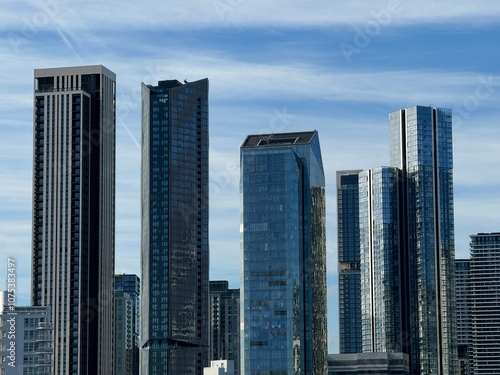Canary Wharf, London Skyscrapper View From Thames River