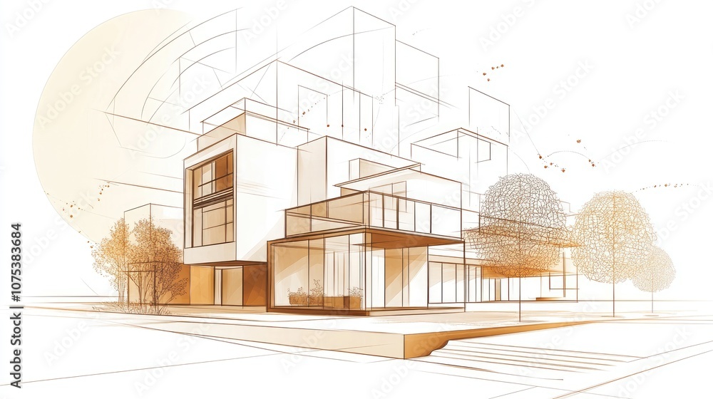 Line art illustration depicting architectural designs in a three dimensional style Line art illustration depicting architectural designs in a three dimensional style