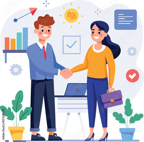 People shaking hands at work - Two businesspeople, man and woman doing handshake in office at work while smiling over business agreement and deal. Flat design stock illustration on white background