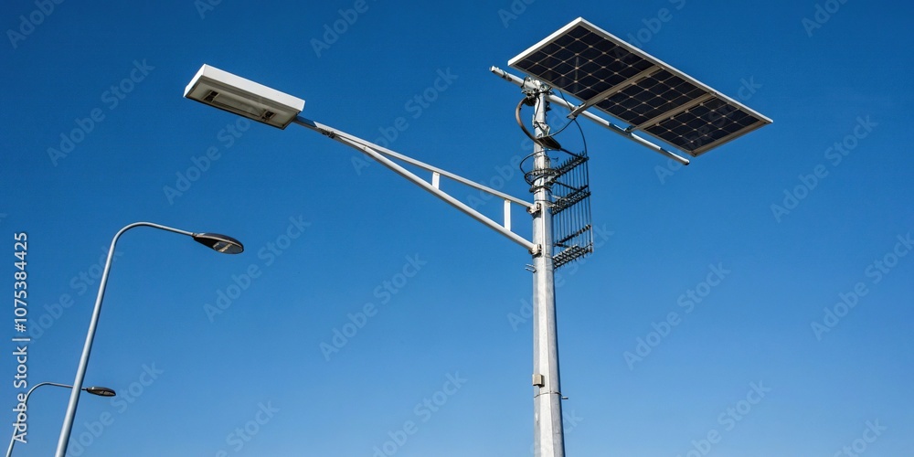 Detailed perspective view of a solar-powered street lamp pole set against a deep blue sky, renewable energy, modern streetlamp, urban landscape, solar panel Detailed perspective view of a solar-powered street lamp pole set against a deep blue sky, renewable energy, modern streetlamp, urban landscape, solar panel