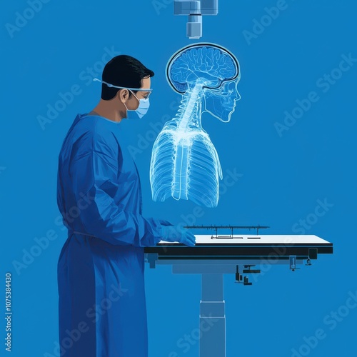 a man in a blue gown is standing in front of a table with a surgical instrument photo