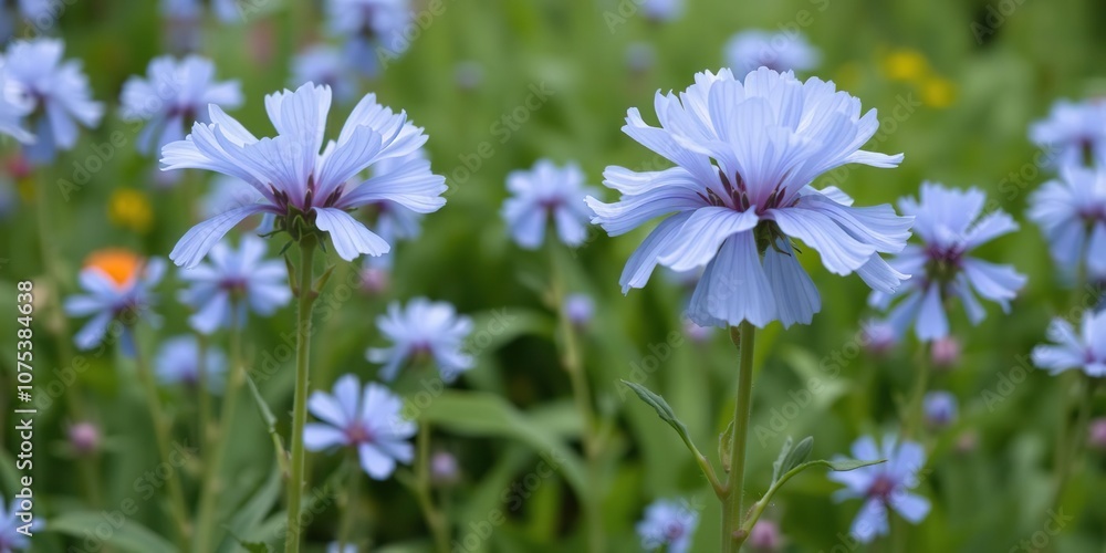 Soft delicate blue cornflower petals unfolding from a tall stem in a lush garden landscape, botanical garden, blue flowers, floral arrangement Soft delicate blue cornflower petals unfolding from a tall stem in a lush garden landscape, botanical garden, blue flowers, floral arrangement