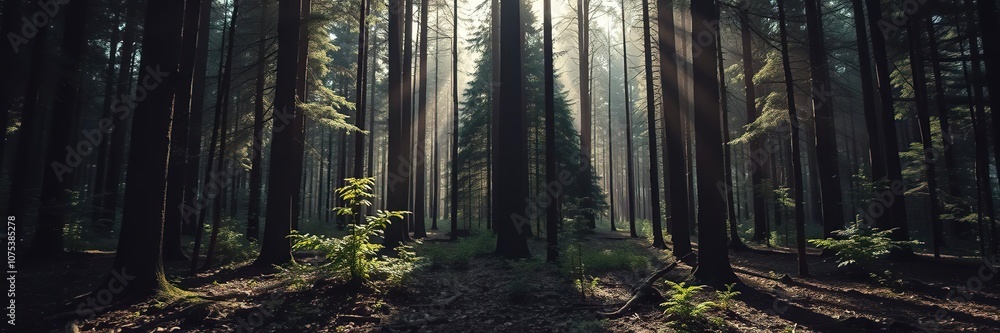 Obraz premium Forest Floor with Sunlight Filtering Through, forest lighting, foliage