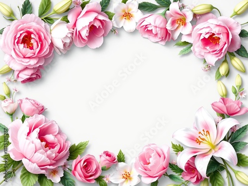 Elegant floral frame with delicate peonies, roses, and lilies surrounding a beautiful floral wreath, flower decorations, floral patterns