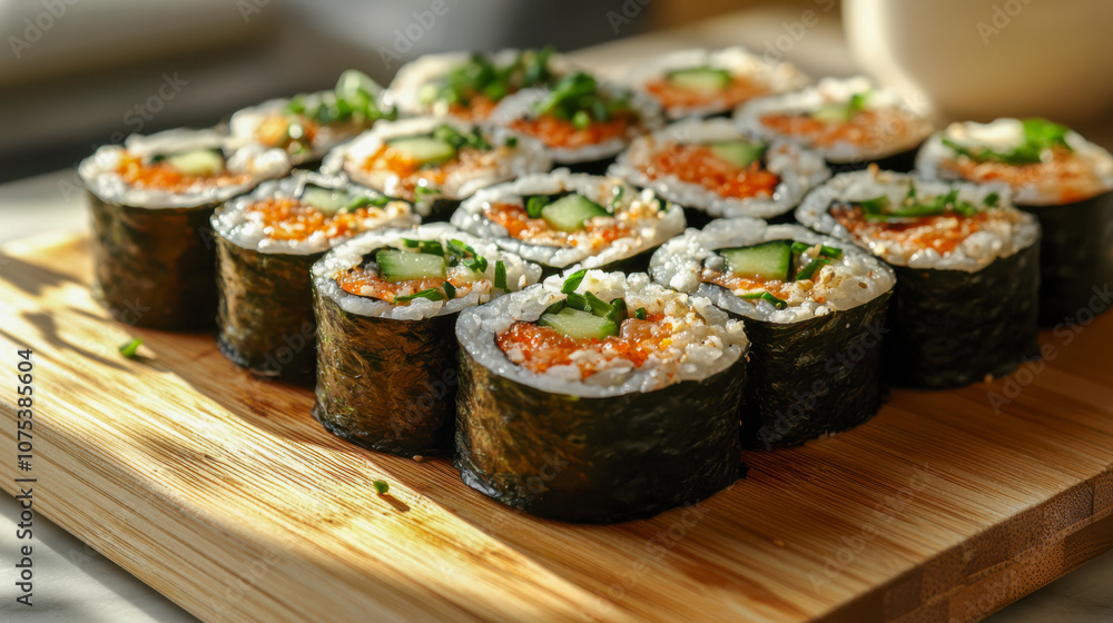 Freshly rolled sushi with rice, cucumber, and fish on a wooden board Freshly rolled sushi with rice, cucumber, and fish on a wooden board