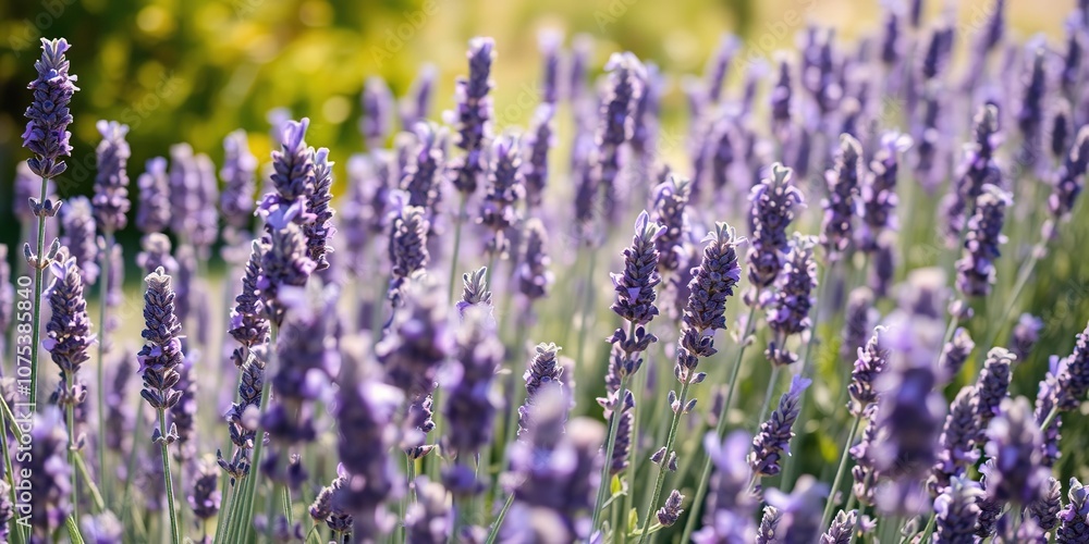 Naklejka premium A field of lavender plants swaying in the breeze, with sunlight filtering through the stems, landscape, meadow