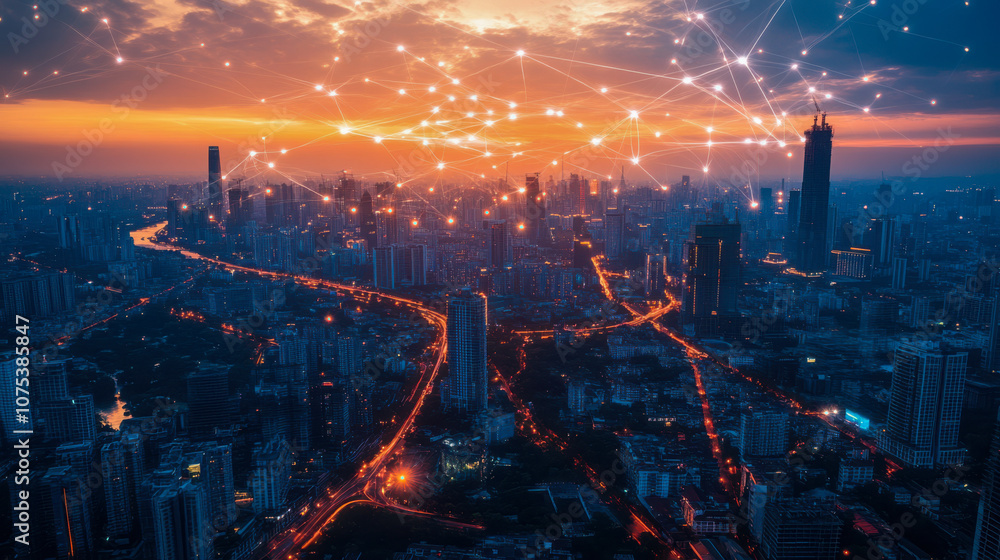 Fototapeta premium Futuristic cityscape with glowing networks during sunset, showcasing technology and connectivity