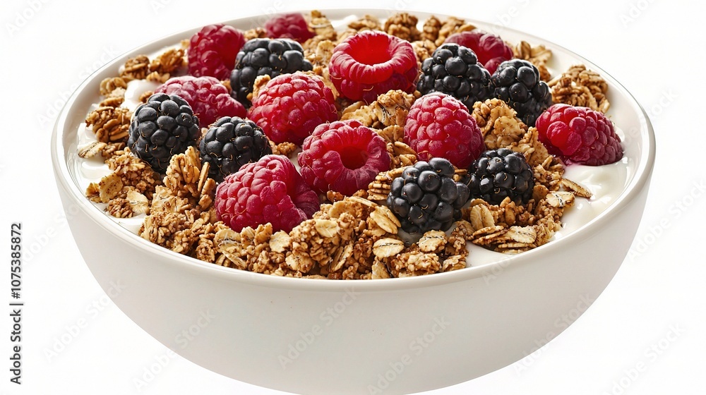 Fresh Bowl of Creamy Yogurt Topped with Crunchy Granola and Fresh Berries, Isolated on White Background for Healthy Breakfast and Snack Ideas Fresh Bowl of Creamy Yogurt Topped with Crunchy Granola and Fresh Berries, Isolated on White Background for Healthy Breakfast and Snack Ideas