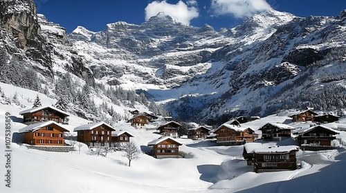 Snowy Alpine Village Nestled in a Mountain Valley