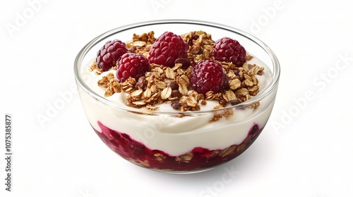 Fresh and Delicious Bowl of Creamy Yogurt Topped with Crunchy Granola and Juicy Berries Isolated on a White Background for Healthy Eating and Breakfast Concepts