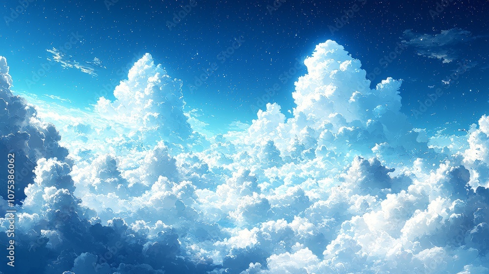 A serene sky filled with fluffy clouds under a bright blue atmosphere. A serene sky filled with fluffy clouds under a bright blue atmosphere.