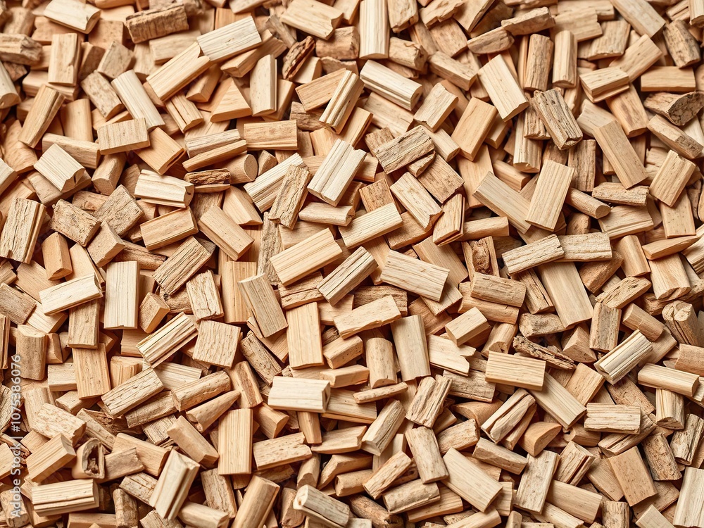 Close-up of wooden chips texture with scattered wooden pieces, sawdust, chunky wood Close-up of wooden chips texture with scattered wooden pieces, sawdust, chunky wood