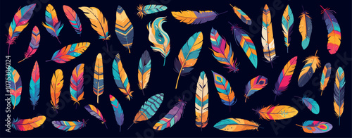 Flat tribal feathers. Colorful bird boho exotic accessory with abstract patterns, plumages set vector illustration