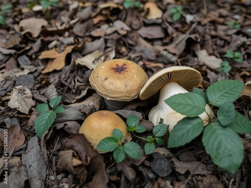 Forest floor with Boletus aurantiacus and leaf litter, forest floor, fungi, woodland photo