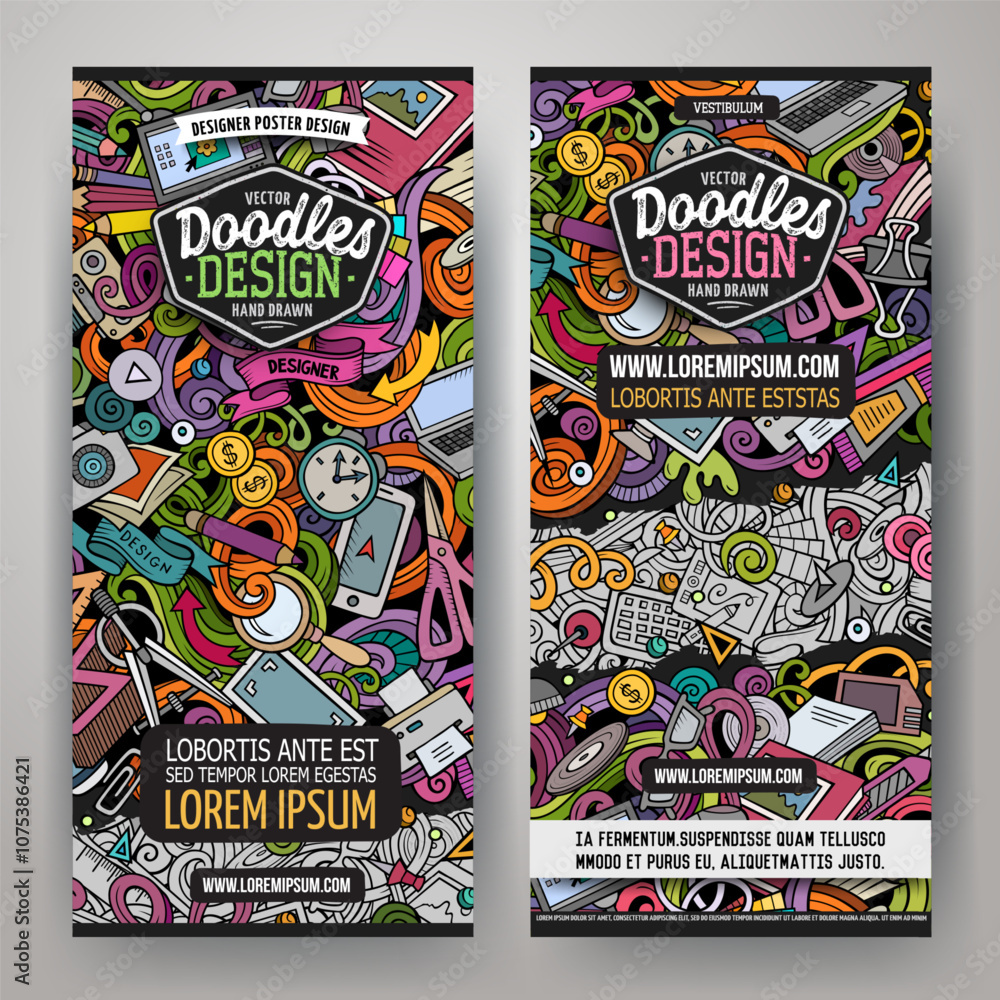 Obraz premium Cartoon cute colorful vector hand drawn doodles Designer banners