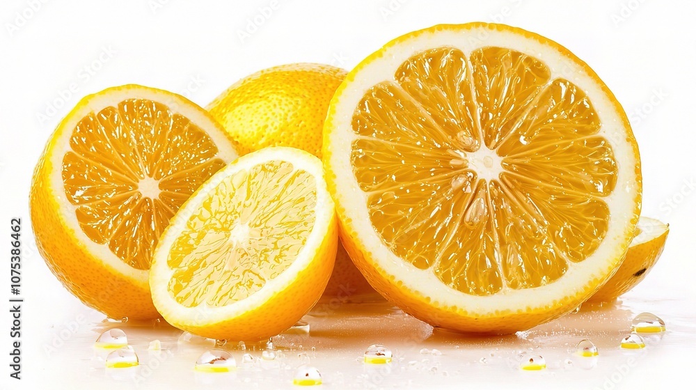 Fresh and Juicy Lemon Slices Isolated on a White Background with Bright Colors and Water Droplets, Perfect for Culinary and Health-Related Imagery Fresh and Juicy Lemon Slices Isolated on a White Background with Bright Colors and Water Droplets, Perfect for Culinary and Health-Related Imagery