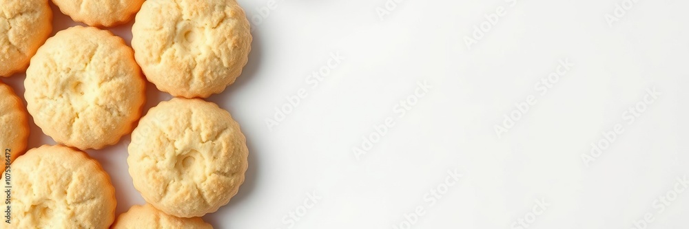 Soft sponge biscuits with a delicate texture, lightly golden brown, arranged neatly on a plain white background, sponge biscuits, baking Soft sponge biscuits with a delicate texture, lightly golden brown, arranged neatly on a plain white background, sponge biscuits, baking