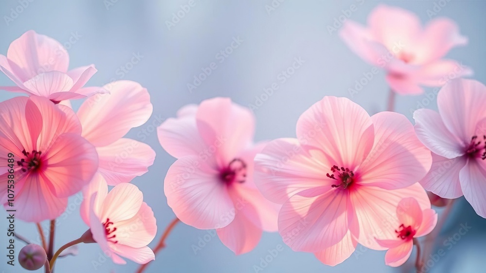 Softly glowing pastel watercolor flowers in shades of light pink and blue, peaceful setting, delicate petals, orchids Softly glowing pastel watercolor flowers in shades of light pink and blue, peaceful setting, delicate petals, orchids