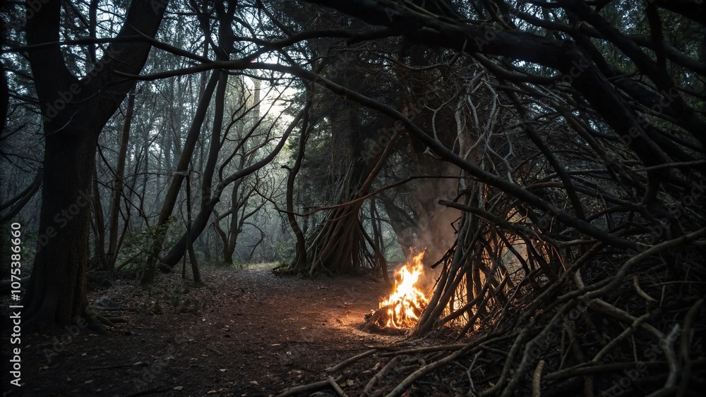 A dense thicket of branches surrounds a lone fire in the dark forest, solitary flame, isolated fire, nighttime ambiance, sparse light, eerie atmosphere A dense thicket of branches surrounds a lone fire in the dark forest, solitary flame, isolated fire, nighttime ambiance, sparse light, eerie atmosphere