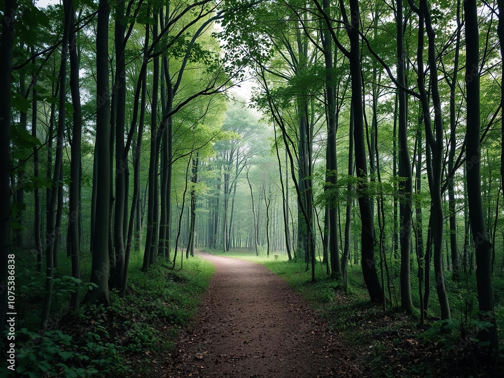 Obraz premium A solitary path disappears into the depths of the woods, acorns, earthy smell, forest scent