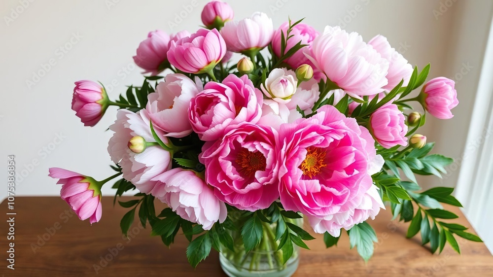 A vase filled with bright pink and white peonies and surrounded by lush greenery on a wooden table, garden, table, spring A vase filled with bright pink and white peonies and surrounded by lush greenery on a wooden table, garden, table, spring