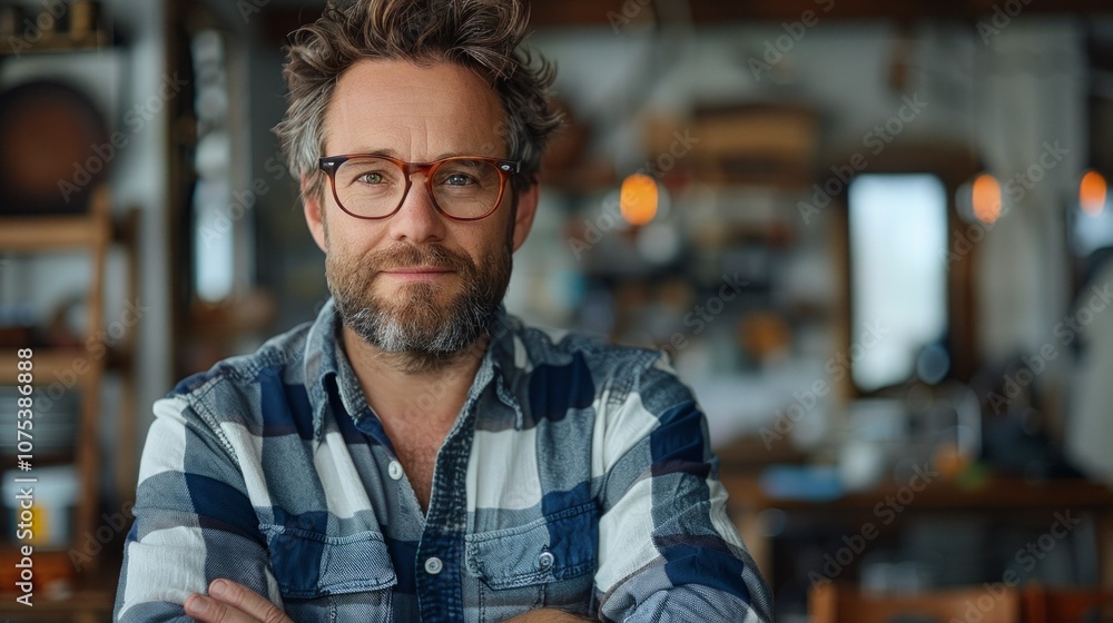 A man with glasses and a beard smiles confidently in a rustic workshop during the day, showcasing a cozy atmosphere and creativity A man with glasses and a beard smiles confidently in a rustic workshop during the day, showcasing a cozy atmosphere and creativity