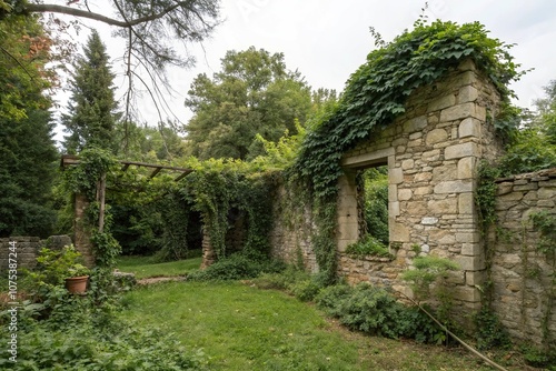 Overgrown garden surrounding the stone wall, vines and creepers climbing up the structure, breaking free from confinement, nature reclaiming, disintegration, growth, overgrowth, fragmentation