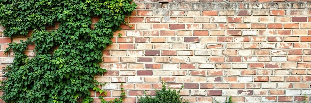 Weathered brick wall with vines and shrubs, woodland, lush greenery, earthy tone Weathered brick wall with vines and shrubs, woodland, lush greenery, earthy tone