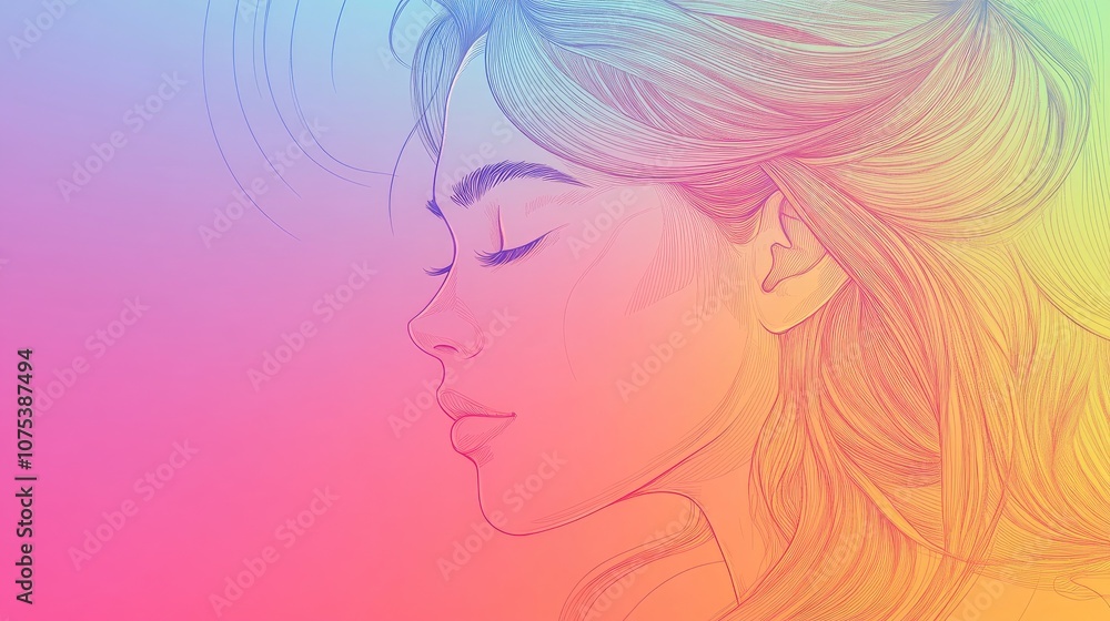 Line art illustration featuring a rainbow gradient of a cartoon woman exuding calmness Line art illustration featuring a rainbow gradient of a cartoon woman exuding calmness