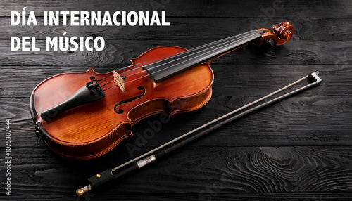 Un violin y un arco sobre una mesa de madera en el dia internacional de la musica photo