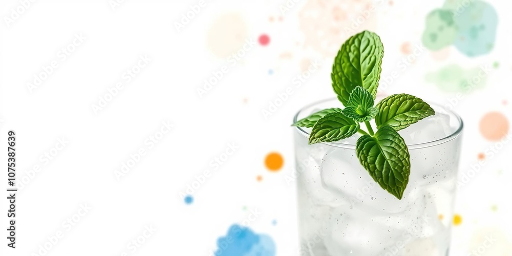 A sprig of fresh mint placed in a glass filled with ice and surrounded by watercolor splatters, refreshing atmosphere, watercolor effect A sprig of fresh mint placed in a glass filled with ice and surrounded by watercolor splatters, refreshing atmosphere, watercolor effect
