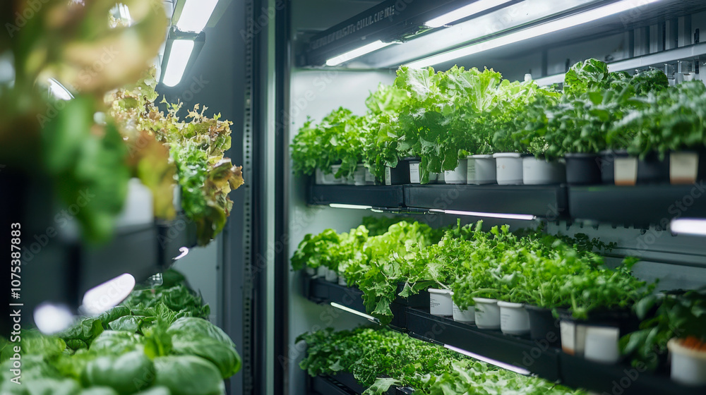 Indoor hydroponic garden with various leafy greens under led lights Indoor hydroponic garden with various leafy greens under led lights