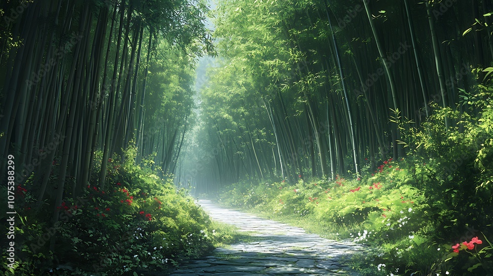 Obraz premium A serene path winds through the lush green bamboo, Beautiful green bamboo forest