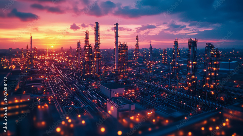 Fototapeta premium Industrial complex at sunset with illuminated structures and smokestacks