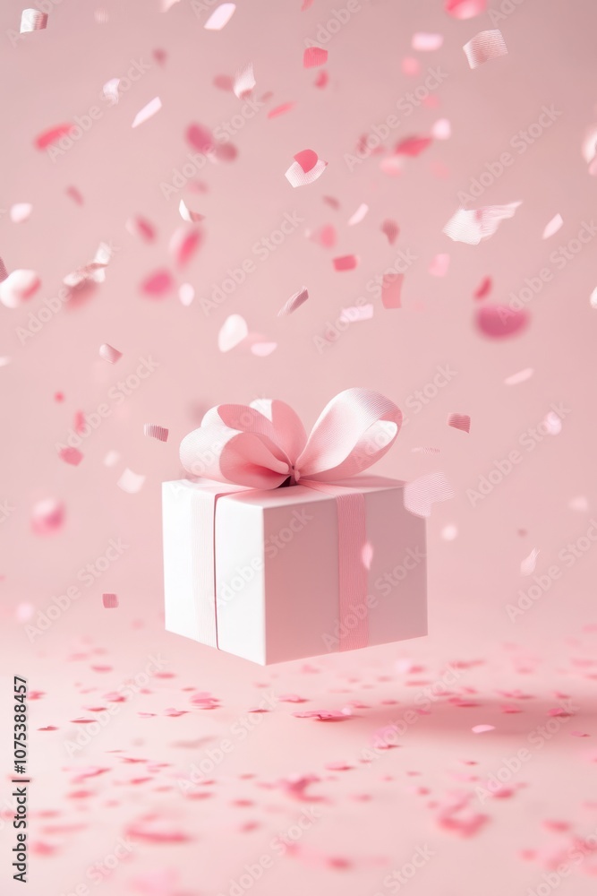 a white gift box with pink confetti falling from the sky a white gift box with pink confetti falling from the sky