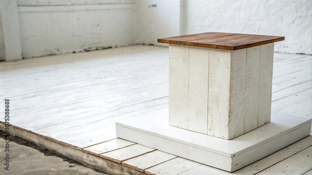 Obraz premium A simple square pedestal made of white wood rests on a plain white surface, adding a touch of warmth and coziness to the overall presentation, white background, neutral tones, modern aesthetic