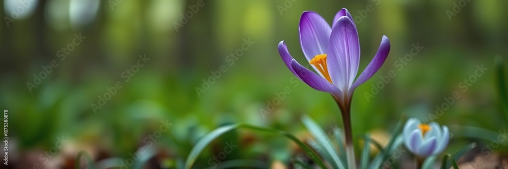 Close-up of a single purple crocus flower, with delicate petals and golden center, set against a soft green forest background, delicate beauty, nature photography, garden flowers Close-up of a single purple crocus flower, with delicate petals and golden center, set against a soft green forest background, delicate beauty, nature photography, garden flowers