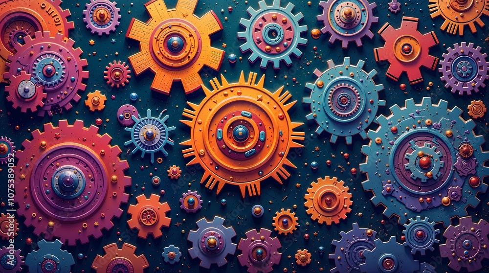 Gears and machinery with a touch of surrealism. This paragraph is striking and colorful. A background with abstract circles. Vector illustration Gears and machinery with a touch of surrealism. This paragraph is striking and colorful. A background with abstract circles. Vector illustration