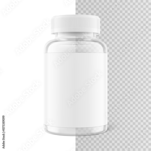 Clear eye-catching pill bottle with label mockup for supplements, vitamins, treats. Vector illustration isolated on white and transparent backgrounds. Mockup is ideal for health projects. EPS10.	