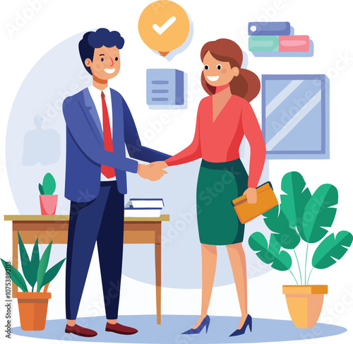 People shaking hands at work - Two businesspeople, man and woman doing handshake in office at work while smiling over business agreement and deal. Flat design stock illustration on white background