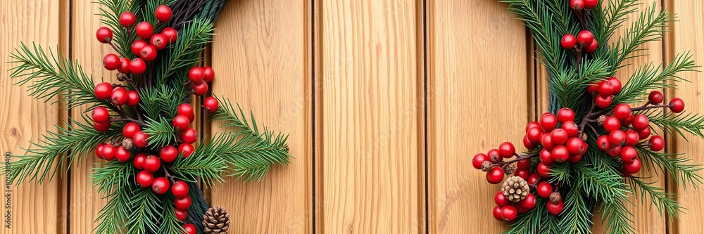 Pine branch wreath with red berries and pinecones placed in a circular formation on a wooden door frame, snowflakes, winter holiday decor Pine branch wreath with red berries and pinecones placed in a circular formation on a wooden door frame, snowflakes, winter holiday decor