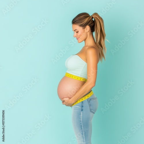 pregnant woman standing in front of blue background photo