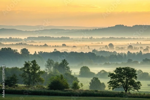 Watercolor washes in shades of yellow-green, gradating to lighter hues, reminiscent of a serene landscape at dawn, calming, green photo