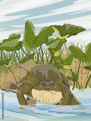 Nile crocodile enters into a lake with tropical plants on the shore. Realistic vertical vector landscape