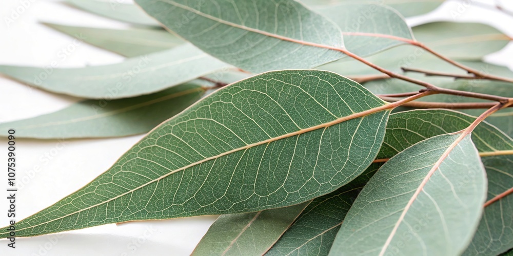 Obraz premium close-up of eucalyptus leaves with intricate veins and soft green hue, nature-inspired, foliage, fresh, botanical, microscopic