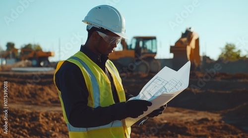 A construction worker examines blueprints on a site with machinery in the background. photo